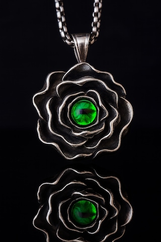 Yeşil Taşlı Paslanmaz Çelik Unisex Takı Antik Gümüş Gotik Gül Kolye Yeşil