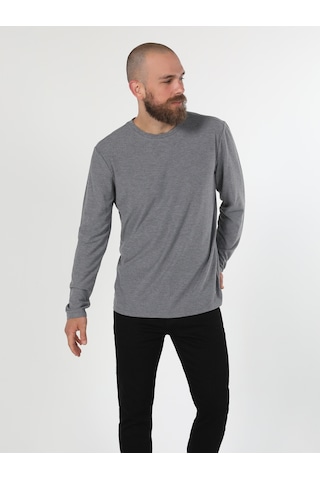 Colins Regular Fit Bisiklet Yaka Erkek Gri Melanj Uzun Kol Tişört 001