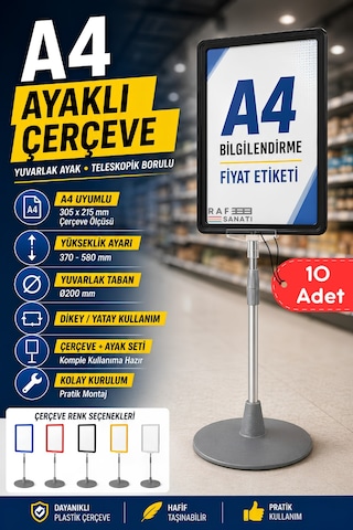 10 Adet - A4 Ayaklı Çerçeve Seti Yuvarlak Tabanlı Teleskopik Fiyat Etiketi Standı Siyah