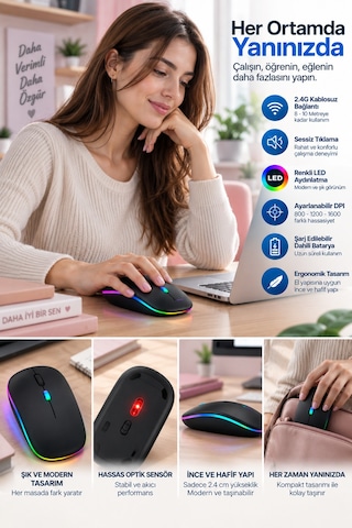 İnce Ergonomik Tasarım 2.4g Kablosuz Led Mouse Mi