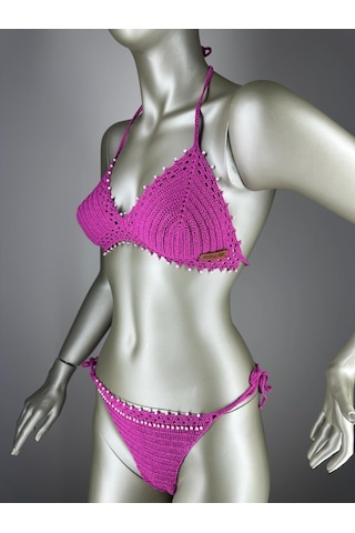 İvita Açık Mor İnci Detaylı Çok Tarz El Yapımı Tığ Örgüsü Bikini Mor
