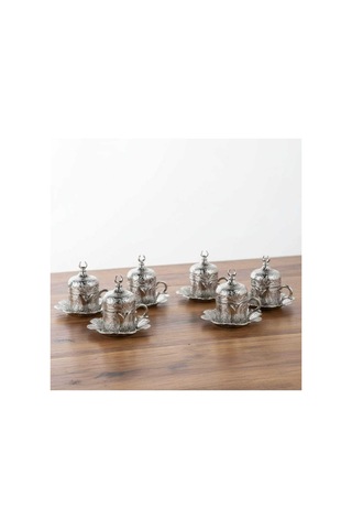 Türk Kahvesi Fincan Takımı Lale Desenli 6 Parça Metal Gümüş Lalezar Model