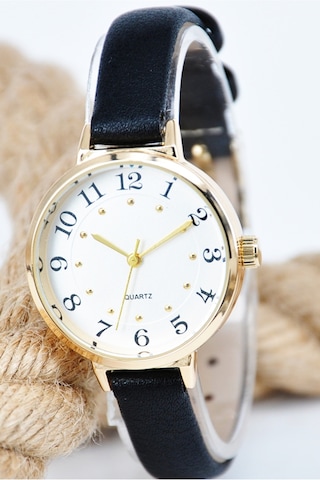 Altın Renk Kasa Siyah Deri Kordon Beyaz Kadran Kadın Kol Saati Su-889