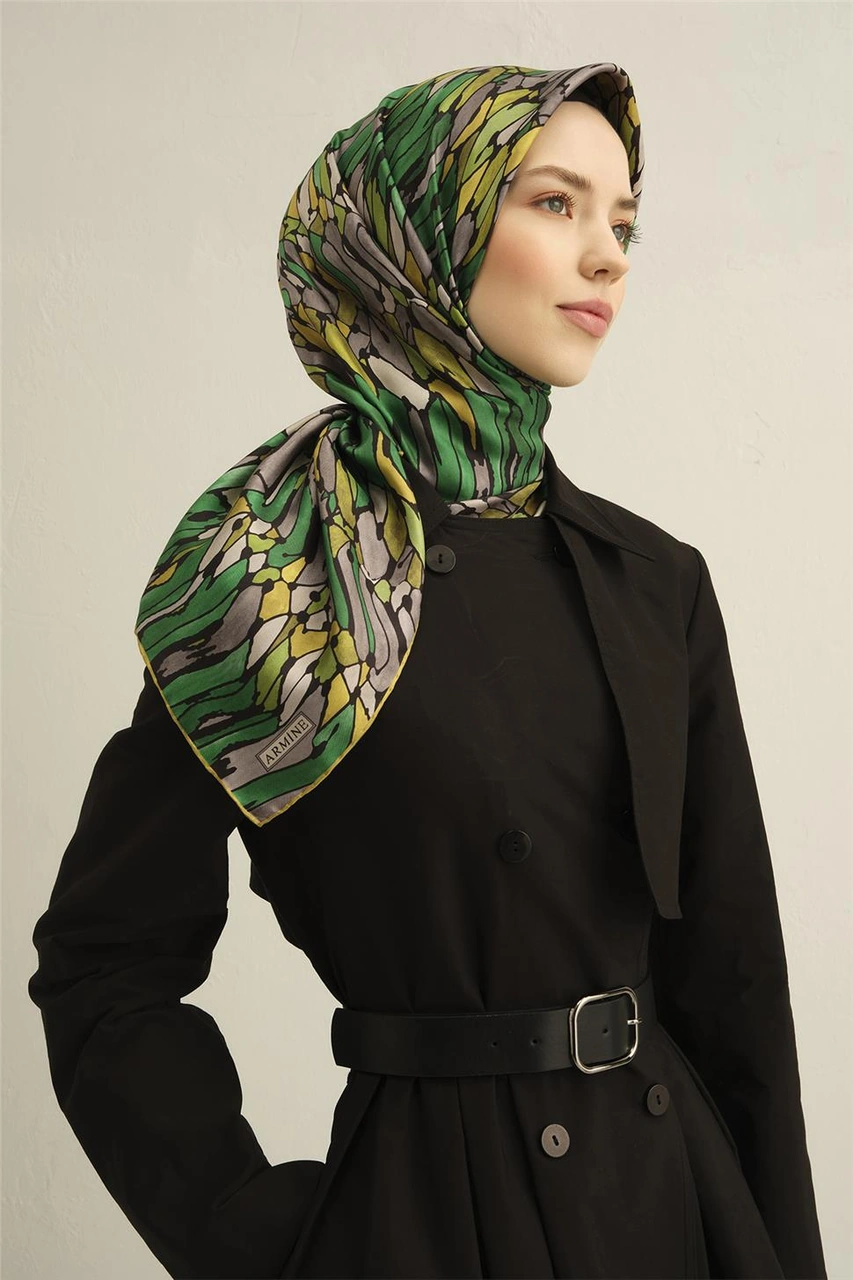 Armine Soyut Desenli Saf İpek Twill Eşarp 9335d 84 Yeşil