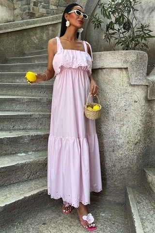 Mythrıva Etek Ucu Brode Nakışlı Boyundan Bağlamalı Elbise 2881 Pembe