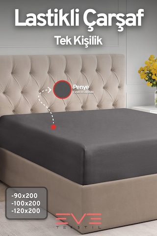 Eve Tekstil Fitted Yüksek Kaliteli Penye Kumaş Tek Kişilik Lastikli Çarşaf Koyu Gri