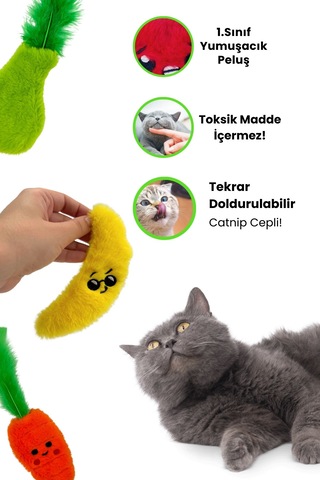 Miyav Çılgın Manav- 4 Adet Peluş Kedi Oyuncak Seti 8 Adet Catnip