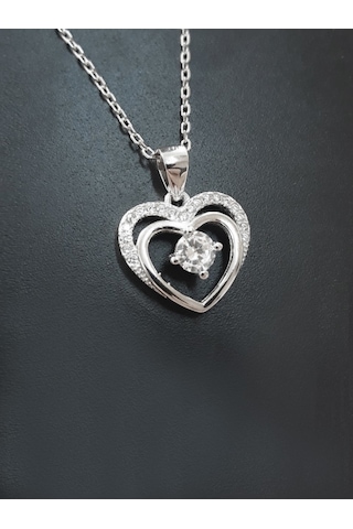 Brezza Lusso Jewelry Gümüş Çift Kalp Tektaş Kadın Gümüş Kolye 45 CM