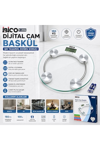 İbico İ11-026 Cam Banyo Baskül Terazi Tartı 30x30cm 180kg/0.1g Pilli Dijital Yuvarlak Lcd Ekran Diğer