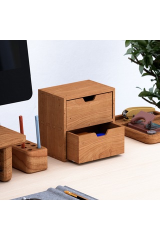 Desna İki Katlı İki Çekmeceli Mini Dolap - Kiraz 18 Cm Uzunluk X 12.1 Cm Derinlik X 18.4 Cm Woodsaka Doğal Ahşap