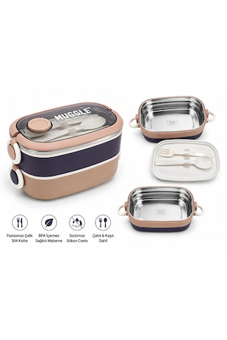 Muggle Çelik Paslanmaz Lunch Box 2 Katlı Beslenme Kabı Çatal Kaşık Dahil Pembe