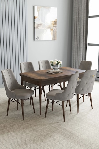 Zümra Serisi, Barok Ahşap Desen 80x132 Açılabilir Mdf Mutfak Masası Takımı 6 Adet Sandalye, Gri