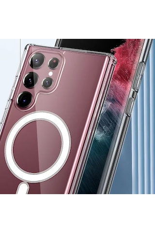 Galaxy S23 Ultra Uyumlu Zore Magsafe Şarj Özellikli Şeffaf Sert Pc Zore Embos Kılıf- Renksiz