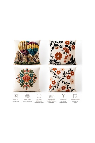 4'lü Dekoratif Kırlent Kılıfı Seti - Sıcak Hava Balonu, Çiçek Ve Mandala Desenli 43x43 Cm, Dijital Baskı, Gizli Fermuar Çok Renkli Çok Renkli