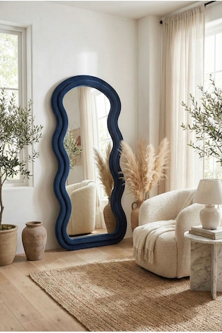 Ayaklı Kumaşlı Boy Aynası - Modern Dalgalı Tasarım Büyük Boy Ayna 182x87 Cm Siyah