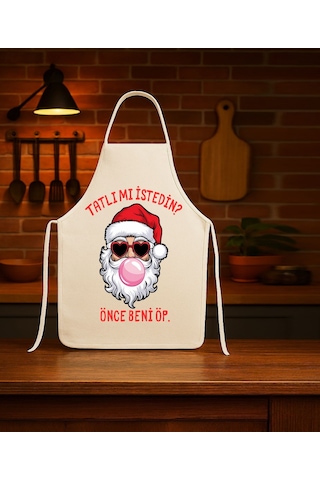 Yılbaşı Mutfak Önlüğü Yeni Yıl Noel Baba Beni Öp Tasarımlı Önlük Çok Renkli