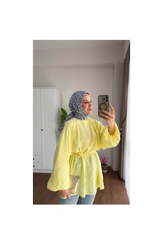 Moonsc Kadın Balon Kol Bel Bağlamalı Pamuklu Standart Beden Sarı Tesettür Tunik