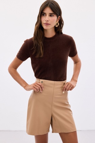 Sateen Sakallı Kısa Kol Triko - Kahve-136508 Kahve