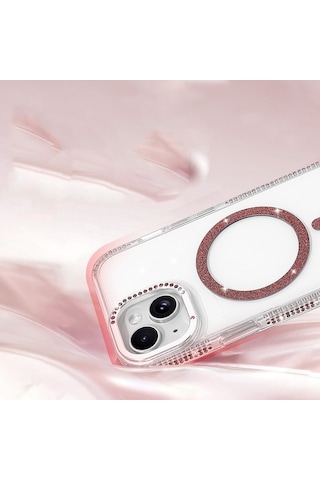 Apple iPhone Uyumlu 15 Kılıf Magsafe Şarj Özellikli Taşlı Lüx Tasarım Tera Silikon Kapak Mürdüm