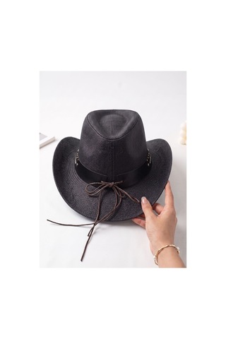 Gigi Luxe Unisex Toka Detaylı Hasır Kovboy Şapkası Fötr Şapka Siyah Siyah