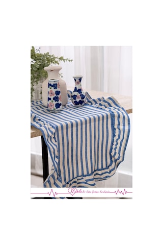 Lacivert Çizgili 40x125 Şık Tasarım Ekstra Büyük Fırfırlı Runner, %100 Keten Runner Bej