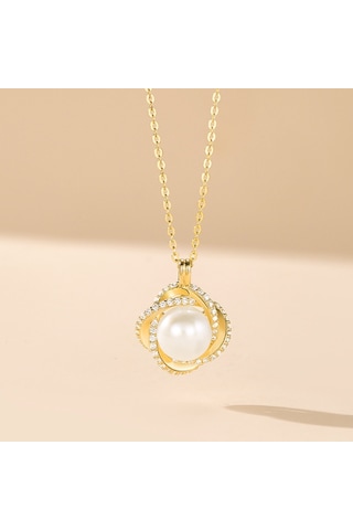 Monemel Kristal Taşlı Gold İnci Kolye Altın Kaplama Gümüş - Rodyum