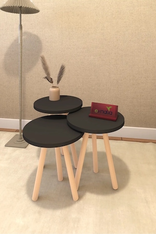 3'lü Zigon Sehpa Seti Saksılık Ve Çiçeklik Standı, Dekoratif Yan Sehpa Ahşap Ayaklı 33 Cm Çap - Siyah Siyah