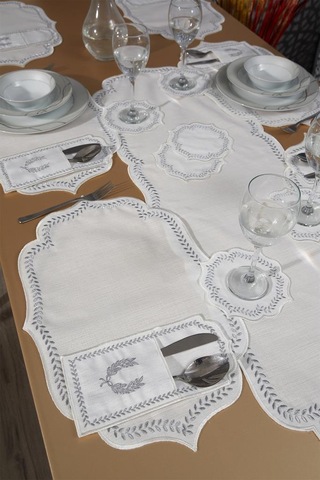 Nişan Keten Nakışlı Amerikan Servis Takımı 19 Parça Silver Gümüş