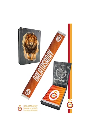 Galatasaray Lisanslı Çift Yön Baskılı Şal Kaşkol Atkı Aslan Baskılı Ahşap Kutulu Sarı - Lacivert