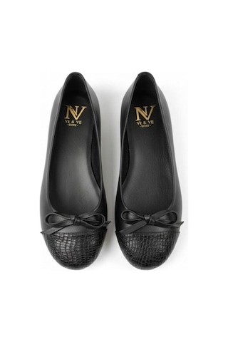 Ne&ve Shoes Siyah Deri Yılan Baski Garnili Biye Detaylı Kadın Babet