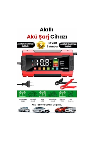 Auhma12v 8a Akıllı Akü Şarj Cihazı 12v 8a Lcd Ekranlı Pulse Repair Otomatik Akü Şarj & Desülfatör