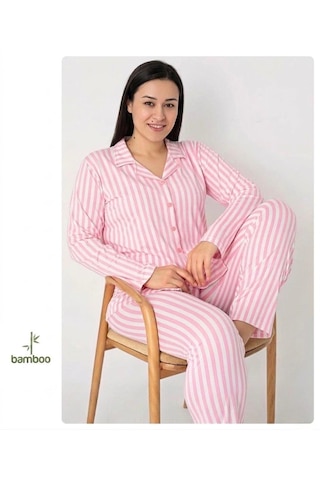 Oreiro Kadın Pembe Çizgili Bambu Pijama Takımı - Düğmeli Gömlek Yaka Uzun Kollu Ev Giyimi Seti Beyaz  -  Pembe