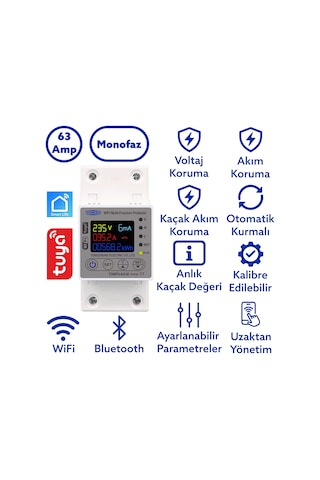 Tomzn Kaçak Akım Koruma Rölesi Ve Yüksek Voltaj Ve Akım Koruyucu Röle 63A Wifi Özellikli Devrim