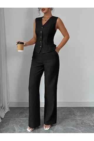 Efnaz Style Kadın Askılı Önden Düğmeli Bluz Ve Pantolon Keten Ikili Takım Siyah