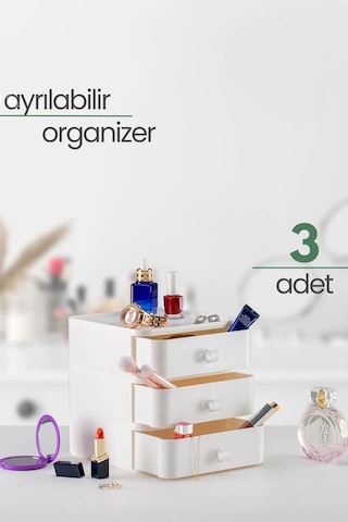 3'lü Takı, Makyaj Ve Kozmetik Düzenleyici Çekmece, Ofis Masa Üstü Düzenleyici Çekmeceli Raf Beyaz