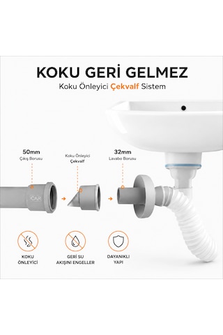 Ø50 Lavabo Gideri Çekvalfli Koku Ve Böcek Önleyici Adaptör Beyaz