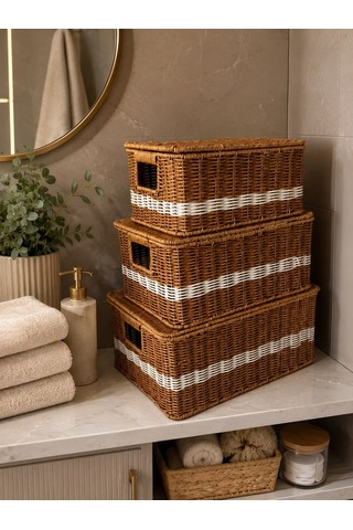 3'lü Kapaklı Hasır Rattan Organizer Beyaz Çizgili Sepet Fth-905 Sarı