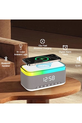Sa-148 15w Kablosuz Şarj Etme Özellikli Masa Saati - Çalar Saatli Alarm - Bluetooth Hoparlör - Radyo