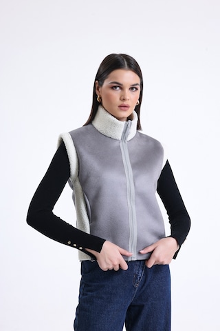 Hebb Club Kadın Fermuarlı, İçi & Yakası Kürklü Yelek Gri