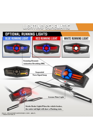 Youtek Motosiklet Entegre Led Stop Lambası, Tersine Çevrilir Plaka Tutucu İle Dinamik Mavi Solunum Farı Ve Yön Belirti Işığı