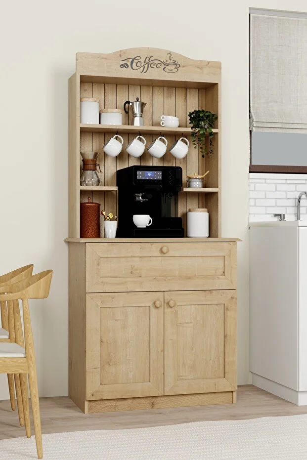 Lucas 2 Kapaklı Çekmeceli Kahve Köşesi Ve Çok Amaçlı Mutfak Dolabı - Safir Meşe Safir Meşe