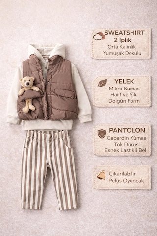 Harika Kids Erkek Bebek 3 Lü Takım 9-24 Ay Şişme Yelek %100 Pamuk Sweatshirt Gabardin Pantolon Kahverengi