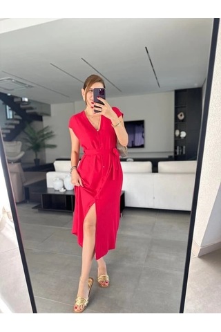 Defymoda Kadınn V Yaka Düğme Detay Kuşak Dahil Elbise Kırmızı