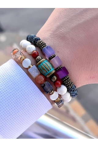 3.lü Doğal Taş Damarlı Akik,firuza Ve Jasper Taşı Doğaltaş Bileklik Mdl189188187 Çok Renkli