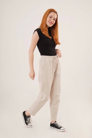 Defymoda Cepli Belden Bağlamalı Paça Detaylı Krem Pantolon Krem