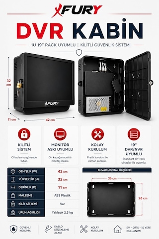 Fury Dvr Nvr Kamera Kayıt Cihazı Kabini - Abs Plastik Monitör Askı Kutusu 42x32x11 Cm