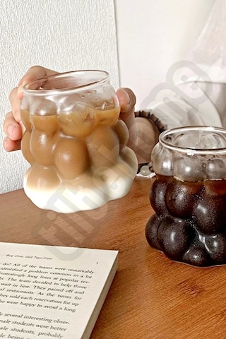 Tilbe Home Boncuklu Pipetli Cam Bardak Üzüm Tanesi Şeklinde Meşrubat Bardağı Seti 2'li 350 ML