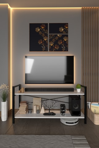 Exen Tv Ünitesi Dekoratif 2 Raflı Metal Ayaklı Tv Sehpası Beyaz