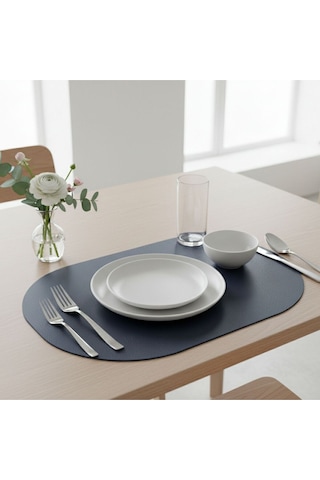 6 Kişilik 12 Parça Lacivert Tam Oval Deri Amerikan Servis Supla 33x44 Cm-kolay Silinir Supla