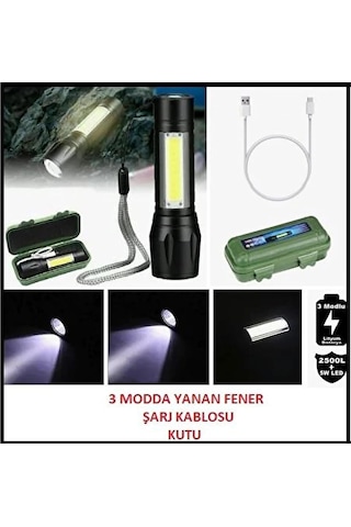 Promosyonca Şarjlı El Feneri, 2000 Lümen, 6 Işık Modlu, Metal Kasa, Zoom Özellikli, Type-c Şarj, Suya Dayanıklı Genel